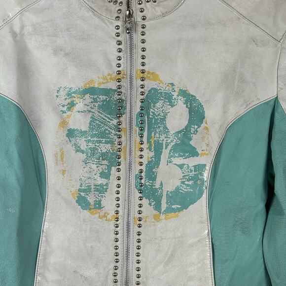 Vintage Wilson's Women’s Leather Jacket Cafe Distressed Aqua Blue USA Sz XL Rare - Picture 5 of 10
